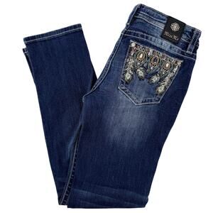 Miss Me Womens Jeans Sz 29 Peacock Feather Rhinestone Bling Mid Rise M3481T
